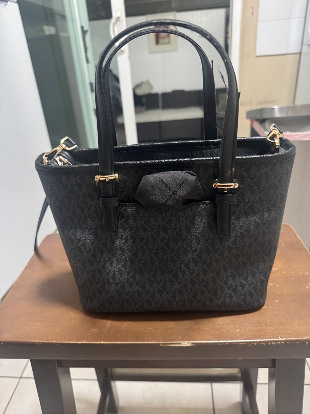 Michael Kors Black MK Monogram Tote with Gold Accents